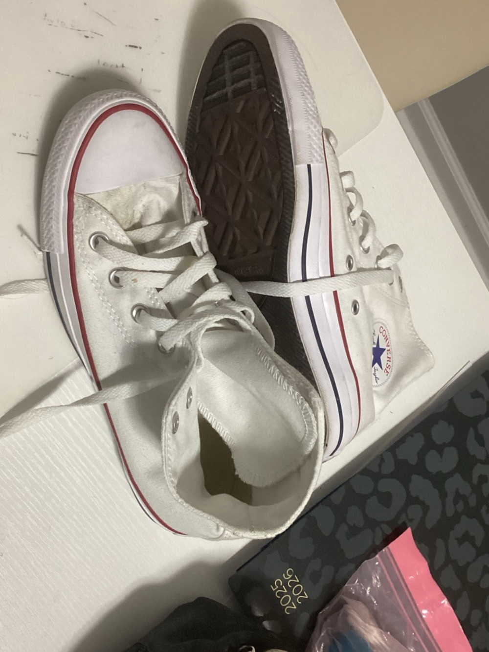 Converse White Kids High Top Sneakers with Red and Blue Trim